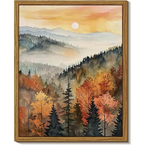 InSimSea Framed Fall Landscape Wall Art 8x10 Autumn Forest Mountain Decor - Picture 1 of 8